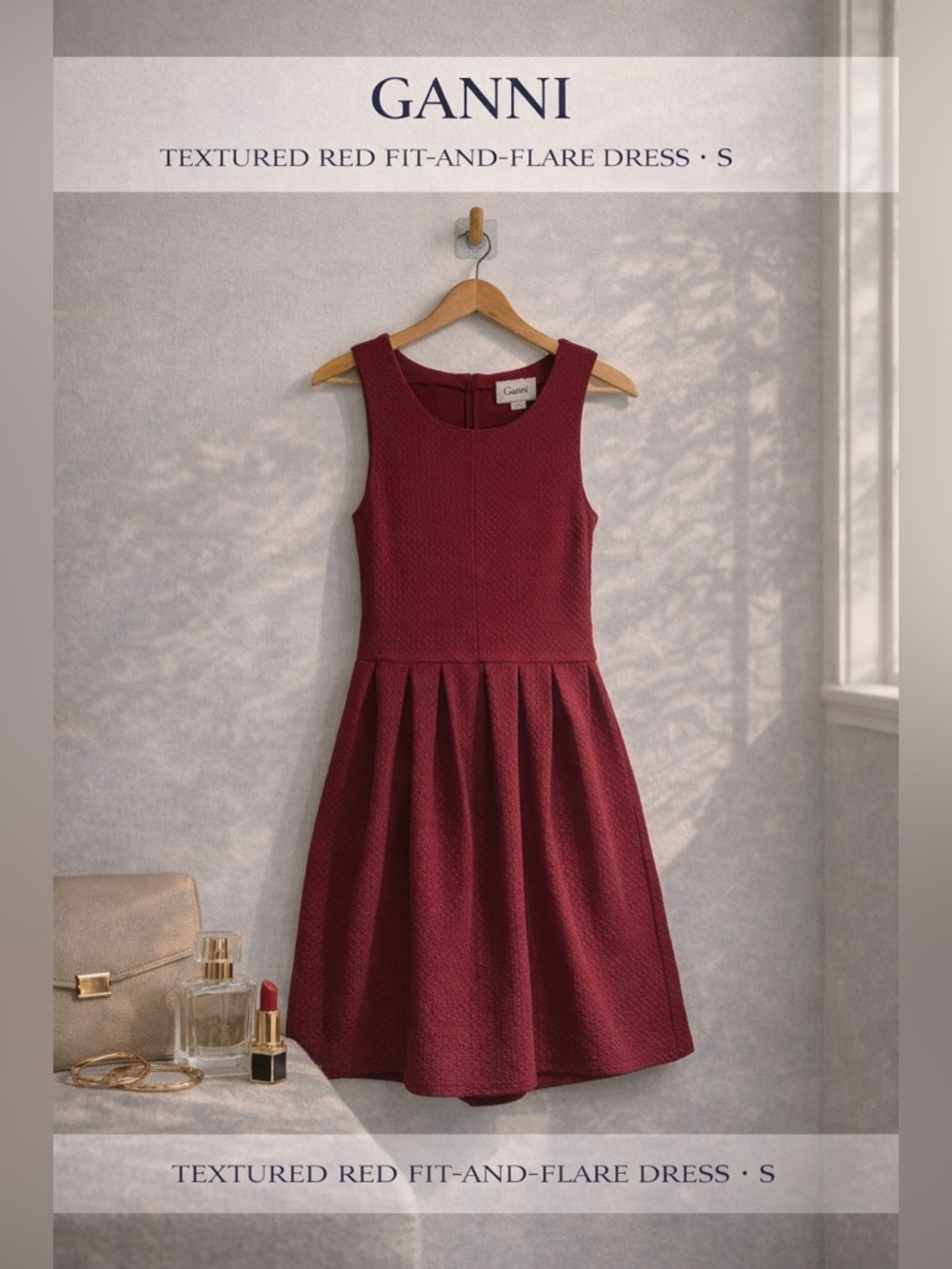 Ganni Textured Maroon Fit & Flare Dress Size S